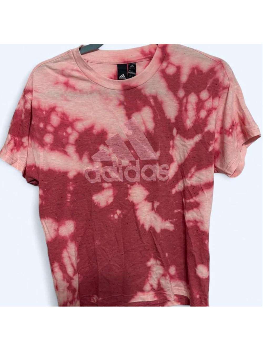 Adidas red and light pink/white bleach-dye t-shirt, size small